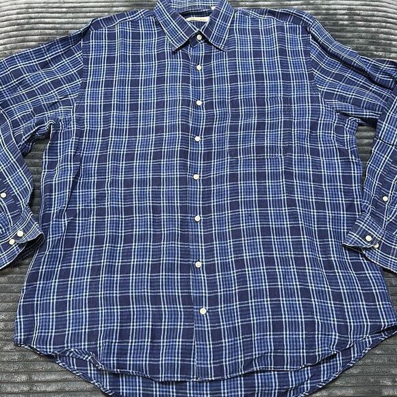 Peter Millar Blue Plaid Button-Up Linen Shirt Men’s Size L - Picture 1 of 9